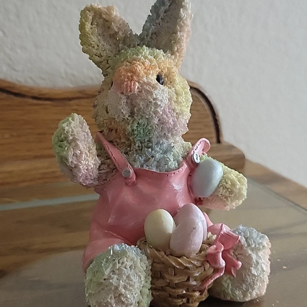 Hand Painted Bunny Figurine Pink Overalls Basket Pastel Eggs Approx 5.5" - Picture 2 of 11